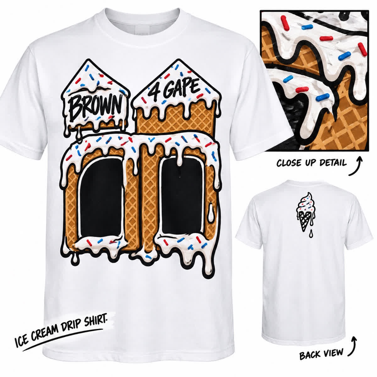 The Ice Cream Drip tee: the traffic map rendered as a melting waffle cone with sprinkles.