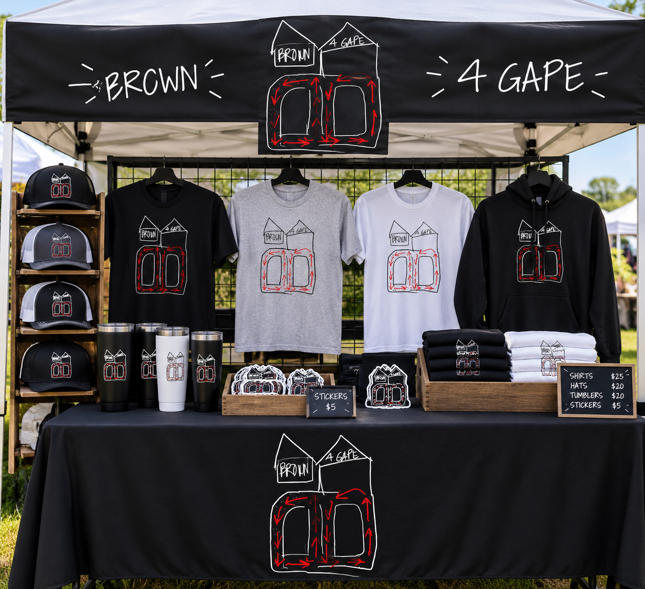 A 4 Gape pop-up shop tent with tees, hoodies, hats, tumblers and stickers, all printed with the traffic map.